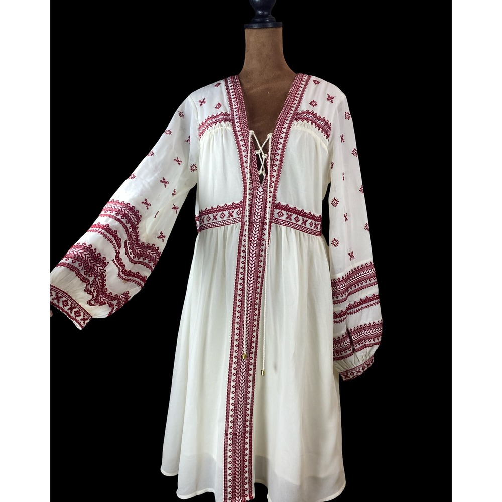 Topshop Ivory Red Embroidered Boho Mini Dress US 6 Laced Balloon Sleeve Peasant